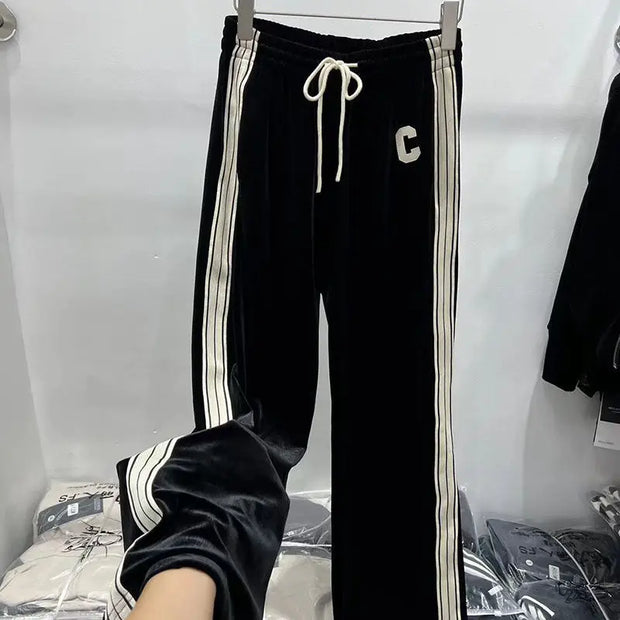 C Letter Plus Velvet Thick Knit Velvet Jacket Striped Splicing Wide Leg Pants Two-piece Set Elegant Women's Pants Set Tracksuits