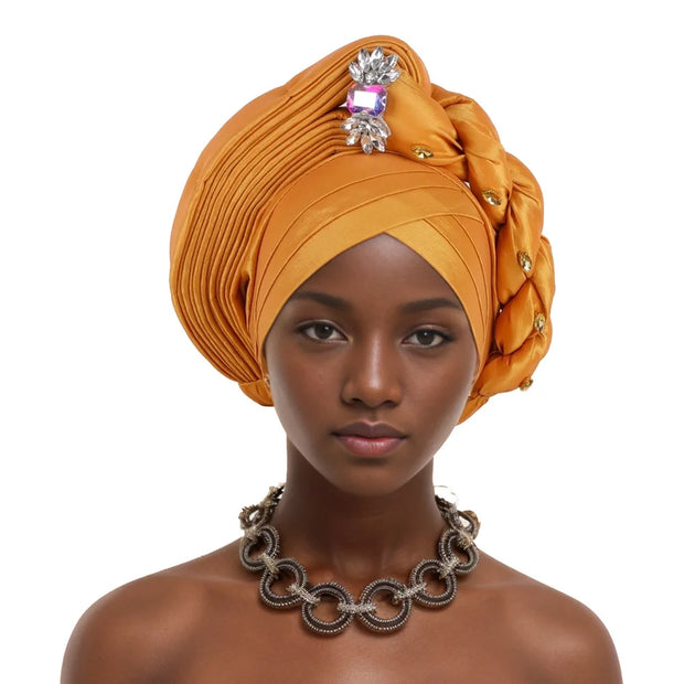 Pre-Tied Africa Braid Aso Oke Auto Gele Headtie Already Made Nigerian Turbans for Women African Head Wrap Bonnet for Party 1Set