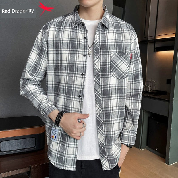 Red Dragonfly Plaid Shirt Men's Shirt Clothes Autumn and Winter New Trendy Casual Long Sleeve Shirt Coat Men's Clothing