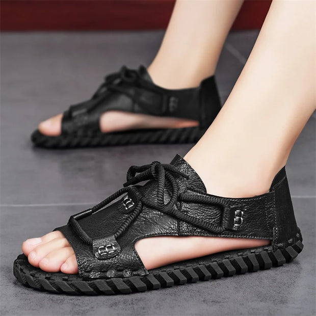 2024 Summer Mens Casual Sandals Fashion Round Toe Beach Man Sandals Comfort Soft Bottom Pu Leather Microfiber Handmade Stitching