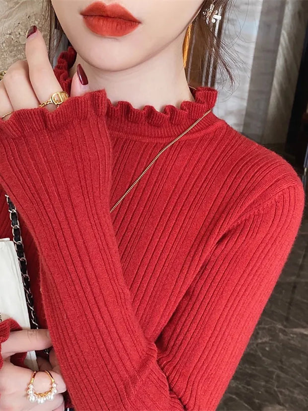 2024 Elegant Solid Basic Knitted Tops Women Turtlneck Sweater Casual Slim Pullover Korean Fashion Simple Chic Ruched Clothes