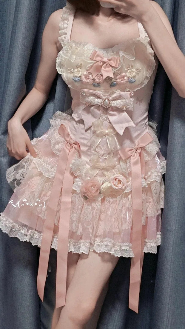 Autumn Spring Sweet Lolita Sleeveless Rose Patch Lace Light Lolita Dress Pink Fairy Ball Gown Dress