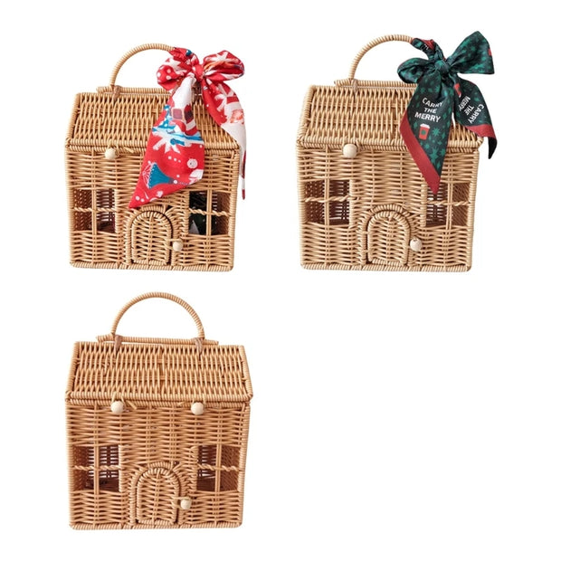 Plastic Wicker Picnics Basket with Handle Elegant House Shaped Rattan Suitcase Stylish Christmas Gift Packaging Box