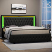 【Holiday Deal】Amerlife LED Bed Frame with Led Lights Adjustable Headboard Velvet Button Tufted/Acrylic Mirror Accents, No Box Spring Needed