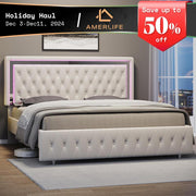 【Holiday Deal】Amerlife LED Bed Frame with Led Lights Adjustable Headboard Velvet Button Tufted/Acrylic Mirror Accents, No Box Spring Needed