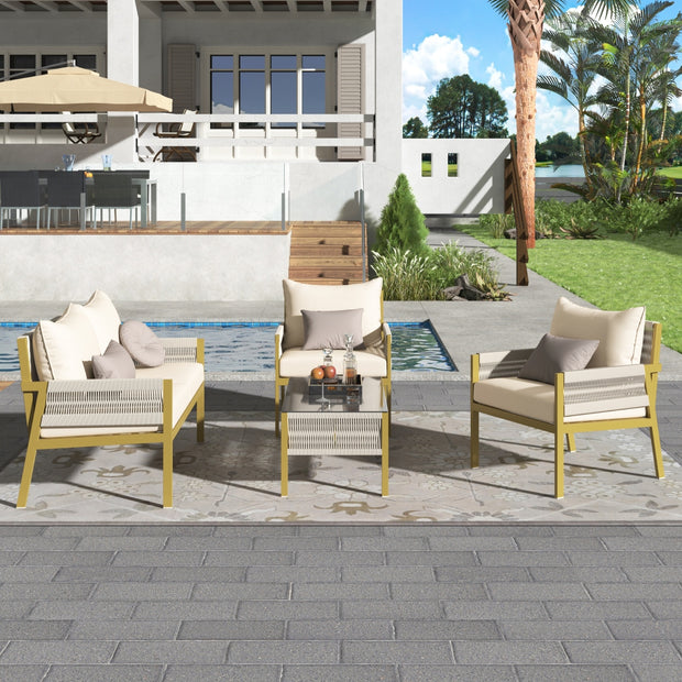 K&K 4-Piece Rope Patio Furniture Set, Outdoor Furniture With Tempered Glass Table, Patio Conversatio